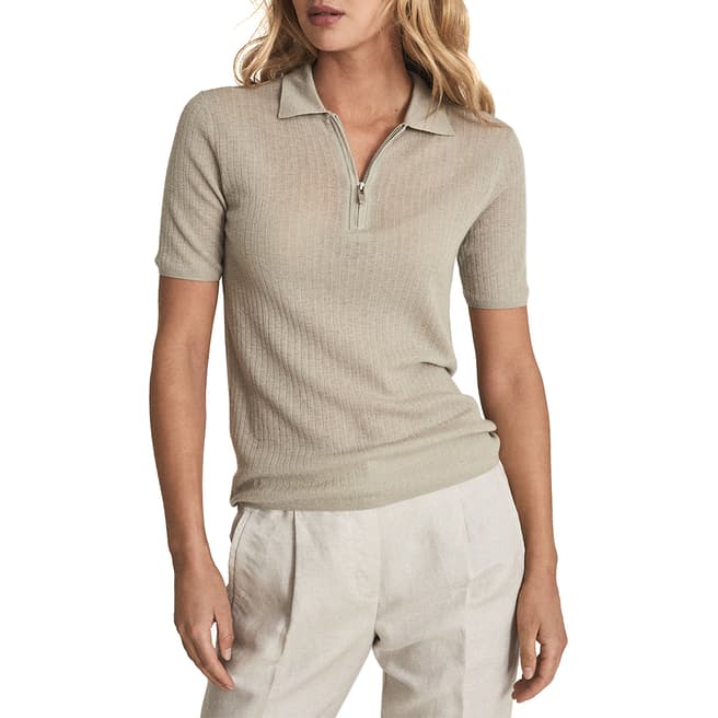 Reiss Sand Kelly Zip Front Cashmere Blend Knitted Top