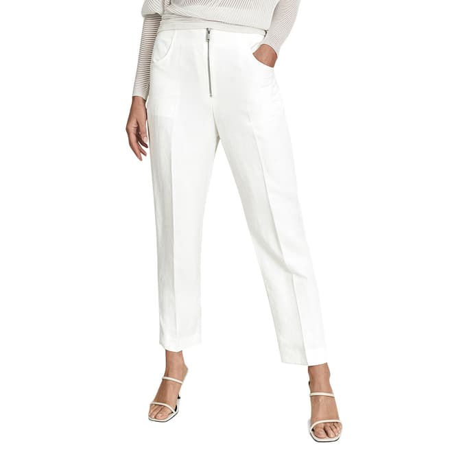 Reiss White Cally Zip Front Linen Blend Trousers