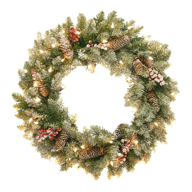 The National Tree Company Snowy Dunhill Fir Wreath 24 inches with 50 W/W LED Battery Lights