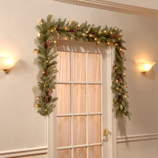 The National Tree Company Snowy Dunhill Fir Garland 9ft x 12 inches with 50 W/W Battery Lights and Berries