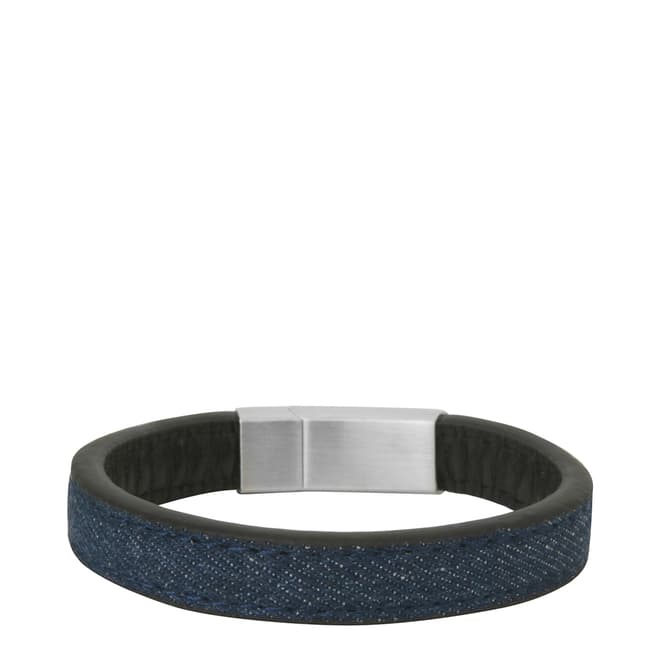 Clio Blue Men's Black Leather, Steel Clasp & Denim Bracelet 