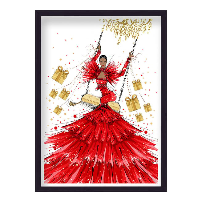 Megan Hess Estee Lauder Red Feathered Gown 2 Gold Swing Framed Print