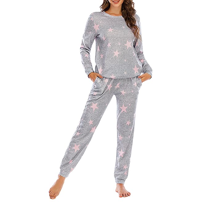 Bookmark Light Grey & Pink Stars Pyjamas Long-Sleeved T-Shirt & Trousers