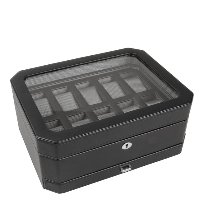 WOLF Black Windsor Vegan Leather 10 Piece Watch Box With Drawer