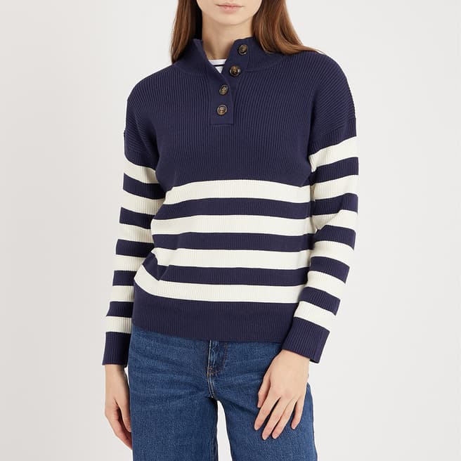 Crew Clothing Navy/Cream Funnel Neck Button Knit
