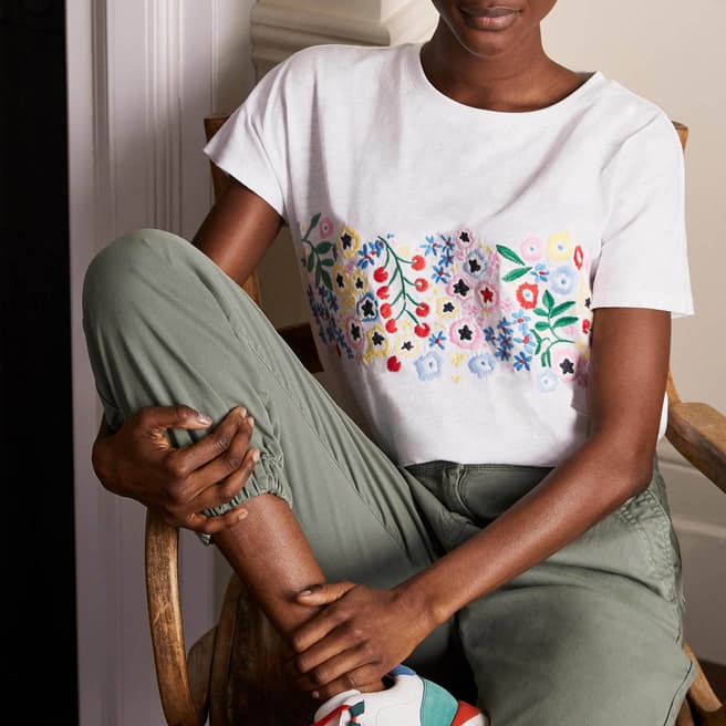 Boden White Embroidered Cotton T-Shirt