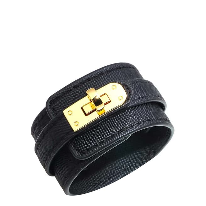 Chloe Collection by Liv Oliver 18K Gold Black Leather Lock Bracelet