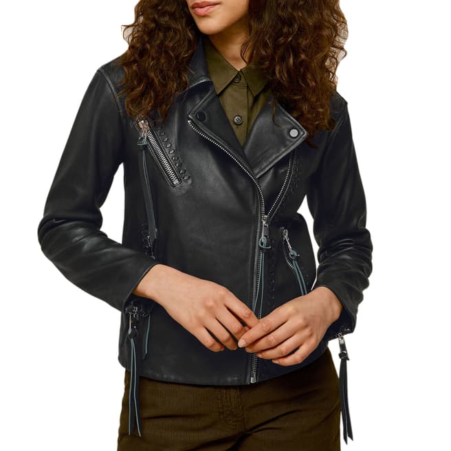 WHISTLES Black Tessa Tumbled Leather Biker Jacket