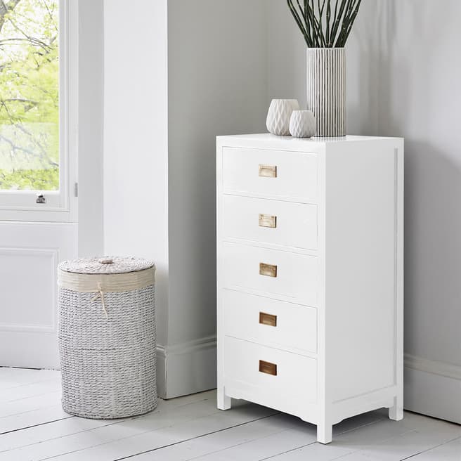 LOMBOK Canton Chest of 5 Drawers, White Ash