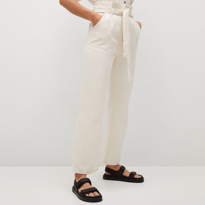Mango White Straight-Fit Belted Jeans