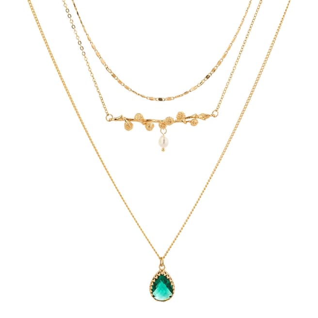 Liv Oliver 18K Gold Multi Layer Green Necklace