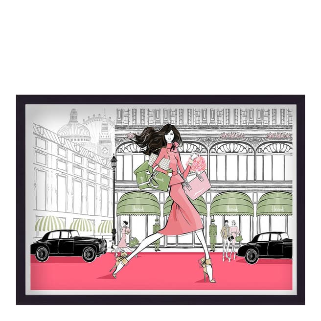 Megan Hess Walking At Harrods Pink Dress 44x33cm Framed Print