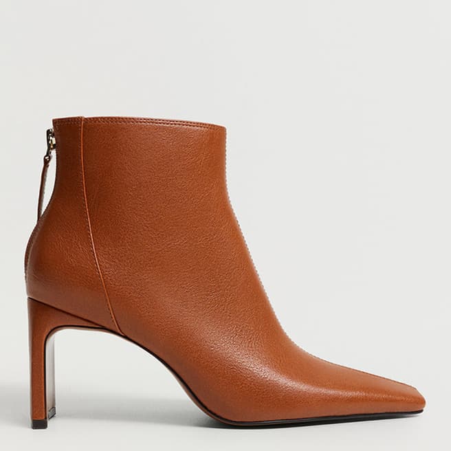 Mango Brown Leather Square Toe Ankle Boots