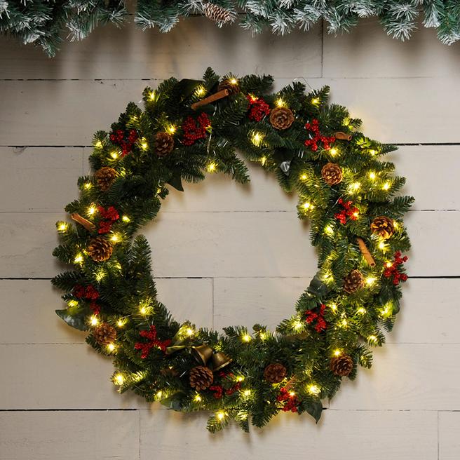 Festive Pre Lit Cinnamon And Berry Wreath, 80cm