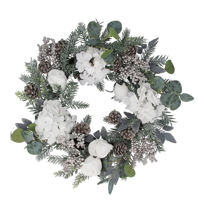 Gisela Graham Fir/Eucalyptus White Flower Wreath, 60cm