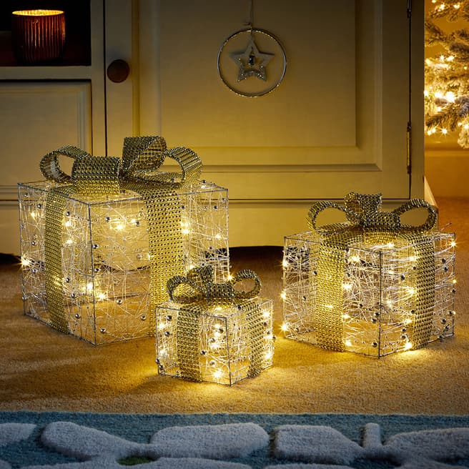 Smart Solar Sparkly Faux Gift Boxes, Silver Gilt