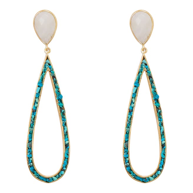Liv Oliver 18K Gold Rainbow Moonstone And Turquoise Pear Drop Earrings