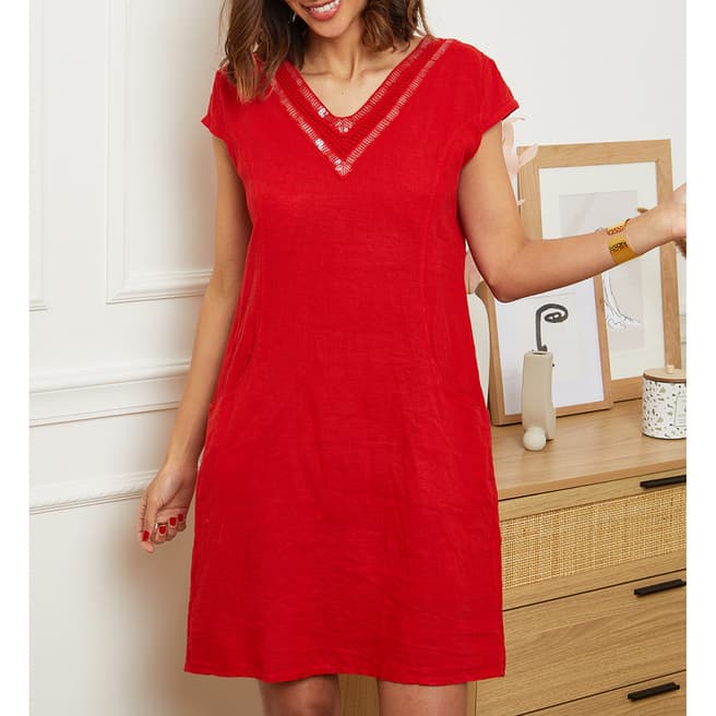 LE MONDE DU LIN Red V Neck Linen Mini Dress