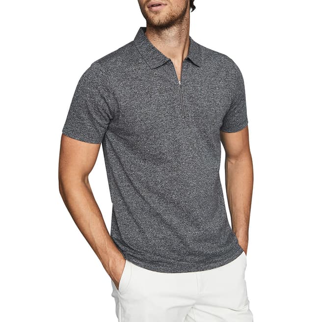 Reiss Grey John Ziped Cotton Blend Polo Shirt