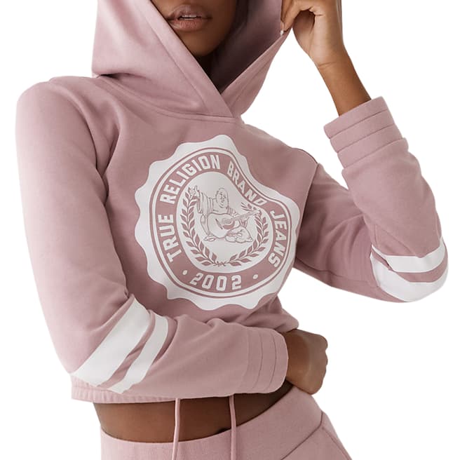 True Religion Pink Crest Logo Cropped Cotton Blend Hoodie
