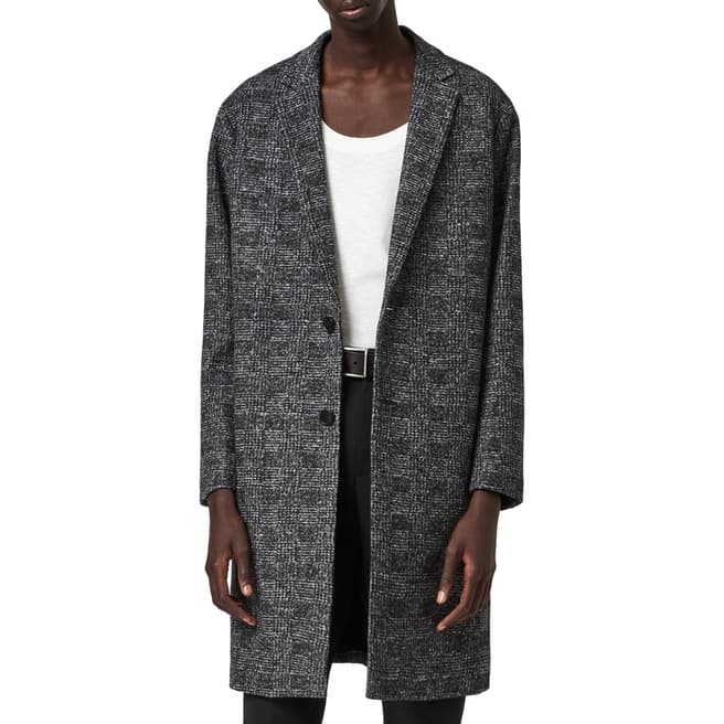 AllSaints Black Remmington Check Wool Blend Coat