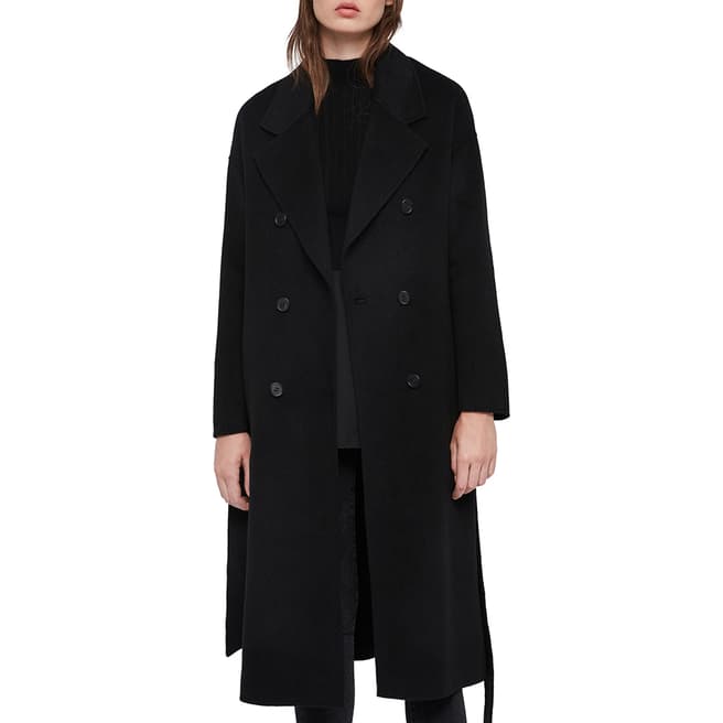 AllSaints Black Maddison Longline Wool Blend Coat
