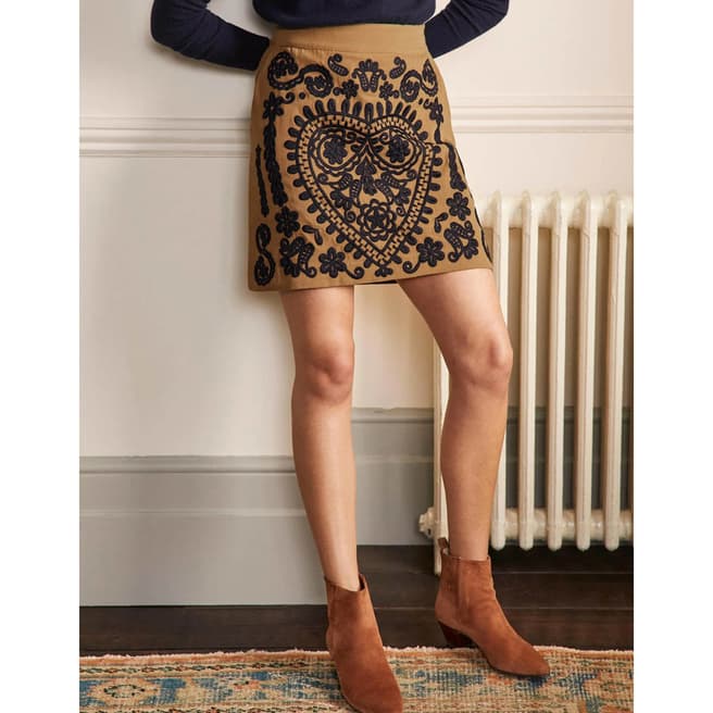 Boden Camel Cotton Embroidered Mini Skirt