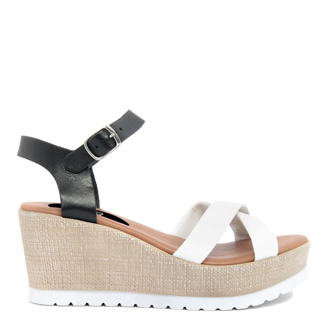 LAB78 White & Black Leather Cross Strap Wedge Sandals