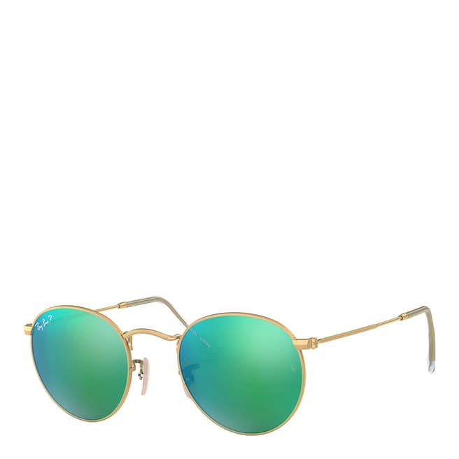 Ray-Ban Unisex Gold/Green Mirror Polarized Round Metal Ray-Ban Sunglasses 50mm
