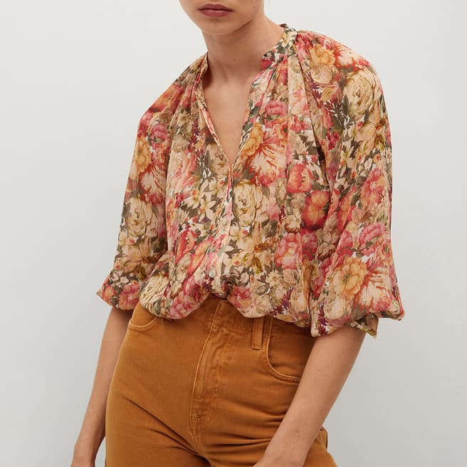 Mango Coral Red Floral-Print Flowy Blouse