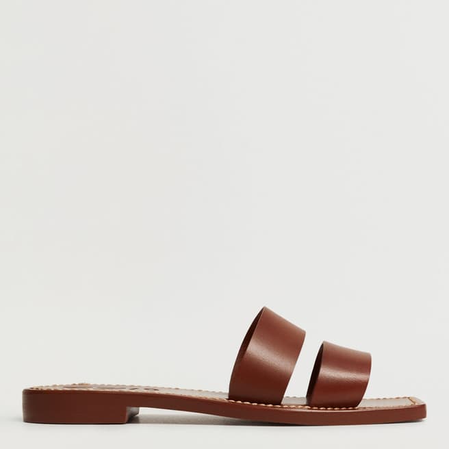 Mango Brown Leather Double Strap Flat Sandals