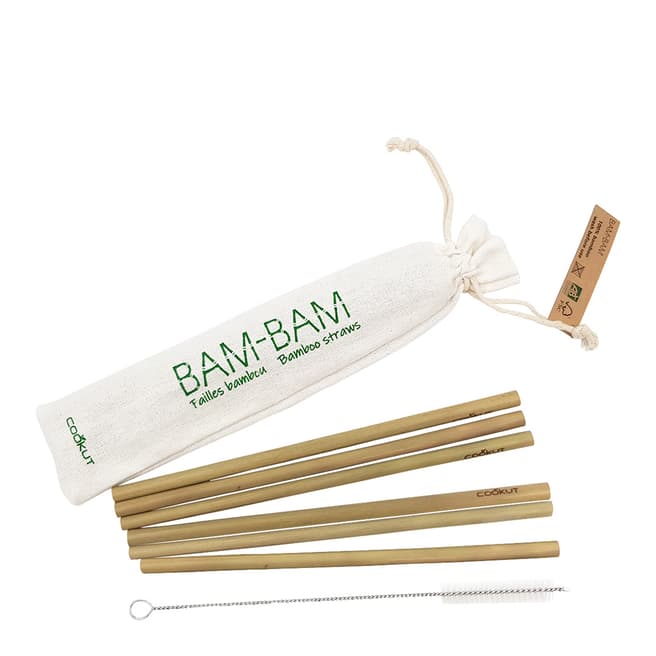 Cookut Set of 6 Bam Bam Bamboo Straws with Cleaning Brush