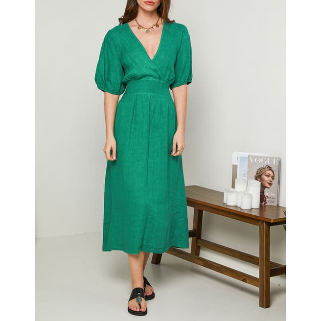 Rodier Green Puff Sleeve Linen Midi Dress
