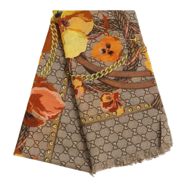 Gucci Beige Orange Floral Chain Print Wool Scarf