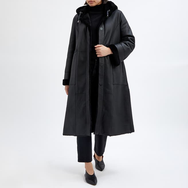 N°· Eleven Black Shearling Longline Hooded Coat