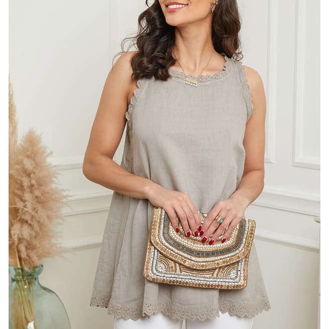 LE MONDE DU LIN Taupe Embroidered Linen Top
