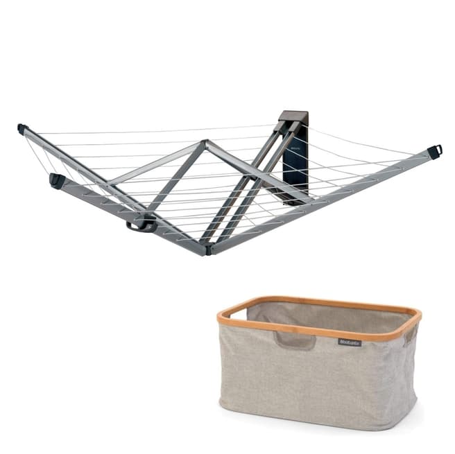Brabantia WallFix Airer, 24m, with Protection Cover and Grey Foldable Laundry Basket, 40L