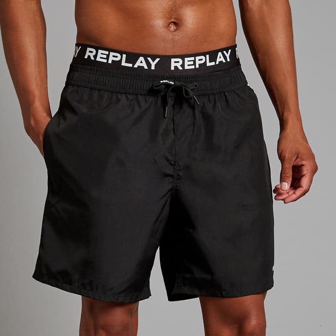 Replay Black Logo Waistband Swim Shorts