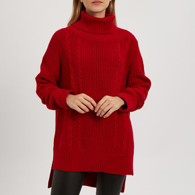 N°· Eleven Red Cashmere Blend Cable Knit Roll Neck Jumper