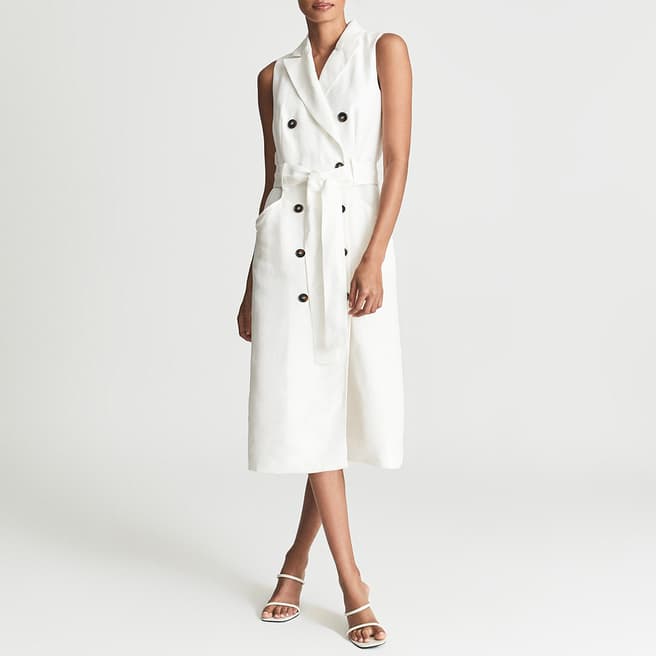 Reiss White Dana Button Front Linen Midi Dress