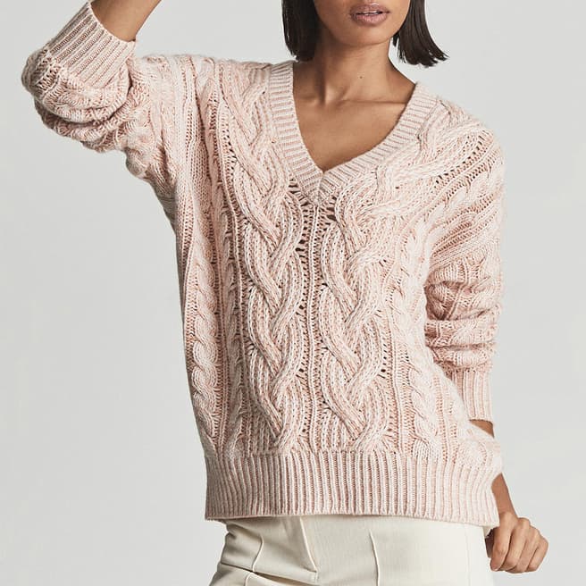 Reiss Pale Pink Esme Cable Knit Wool Blend Jumper