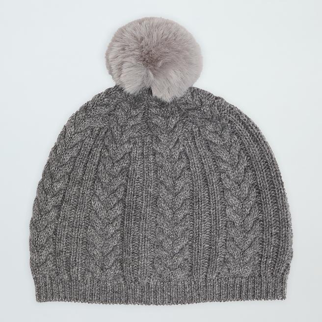 Laycuna London Grey Cable Cashmere Pom Pom Hat 