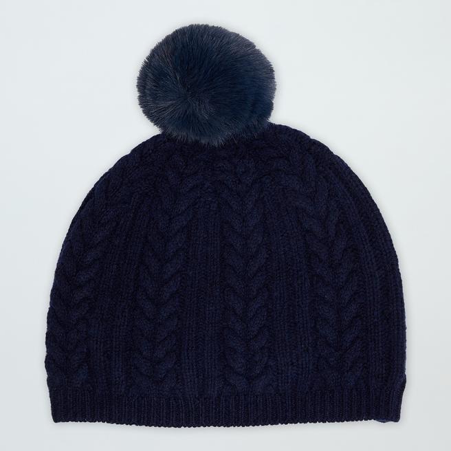 Laycuna London Navy Cable Cashmere Pom Pom Hat 