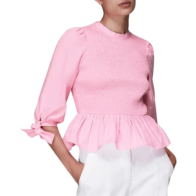 WHISTLES Pink Shirred Peplum Cotton Top