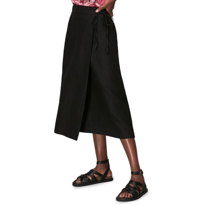 WHISTLES Black Wrap Front Linen Midi Skirt