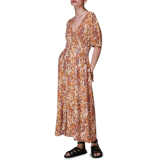 WHISTLES Brown Marble Print Silk Midi Dress