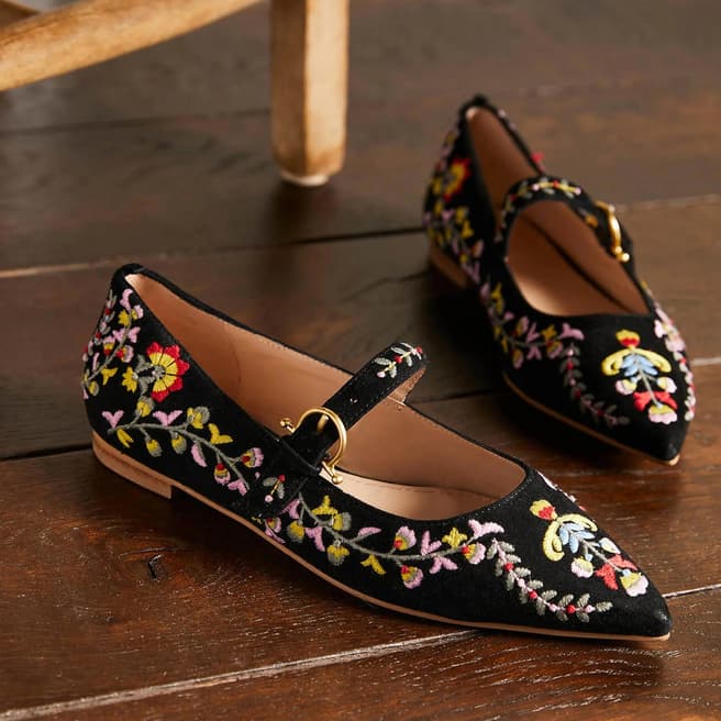 Boden Black Floral Pointed Toe Mary Jane Shoes