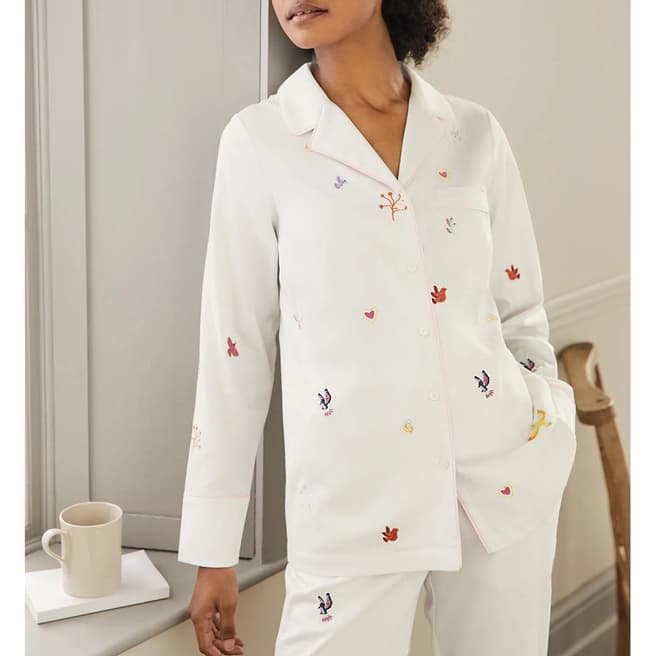Boden Ivory Embroidered Cotton Pyjama Shirt