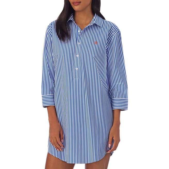 Lauren Ralph Lauren Blue Cotton 3/4 Sleeve Notch Collar Sleepshirt