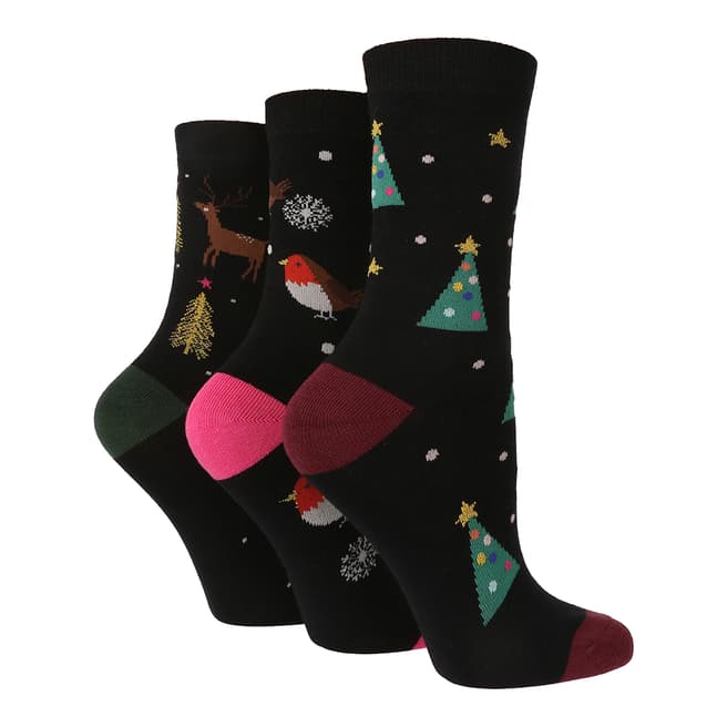 Caroline Gardner Black 3 Pack Christmas Jacquard Socks